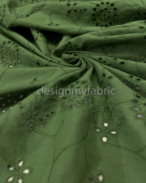 Olive green cotton embroidered eyelet fabric #200497 - Image 5