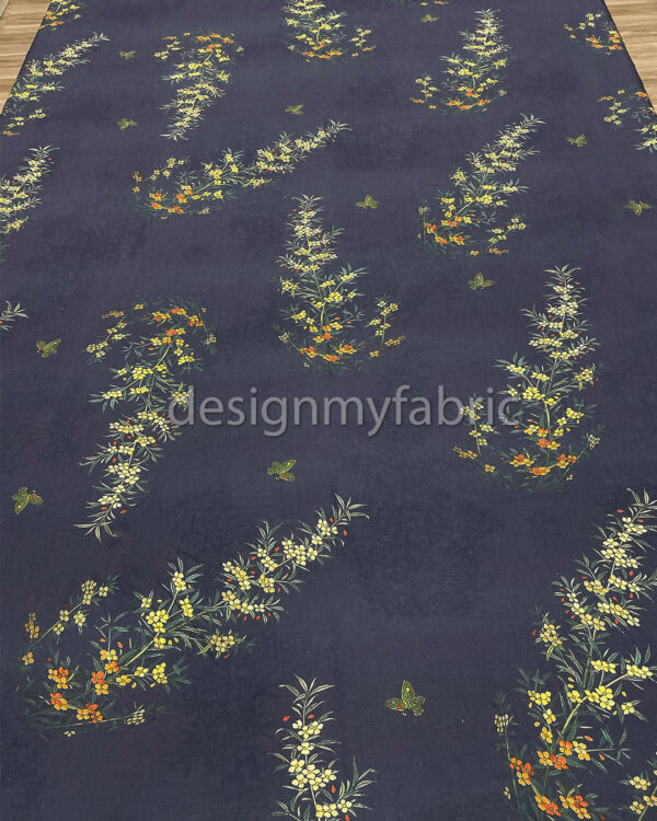 Colorful flower blue linen fabric #200486 - Image 5