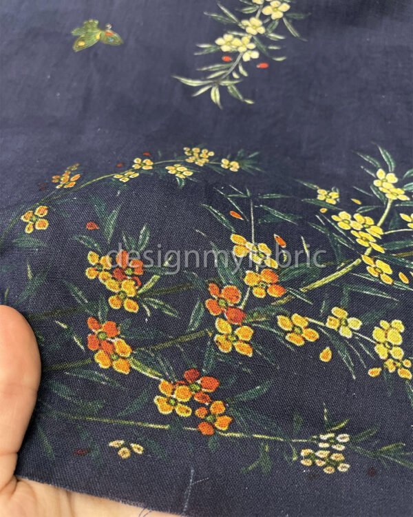 Colorful flower blue linen fabric #200486 - Image 3