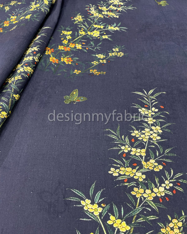 Colorful flower blue linen fabric #200486