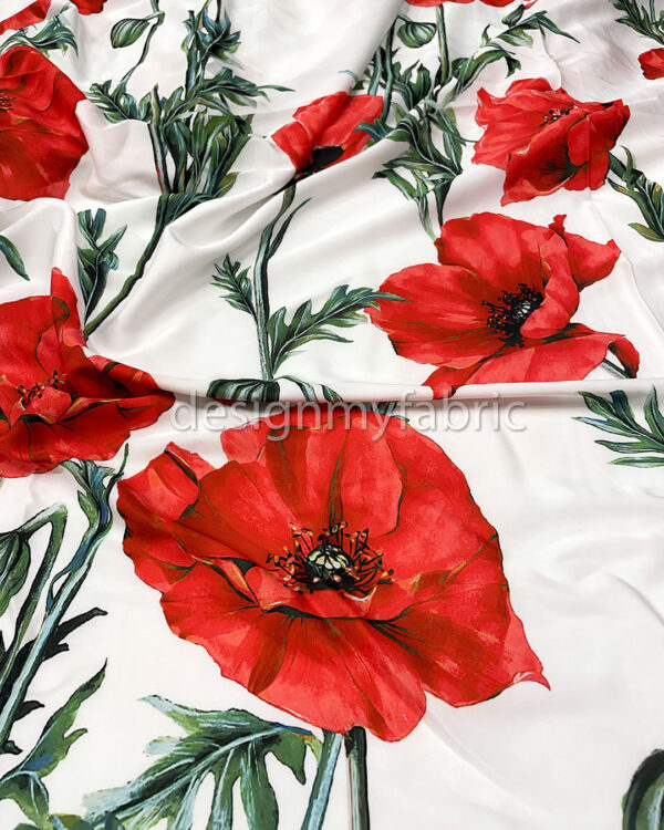 Red flowers white satin fabric #200302 - Image 4