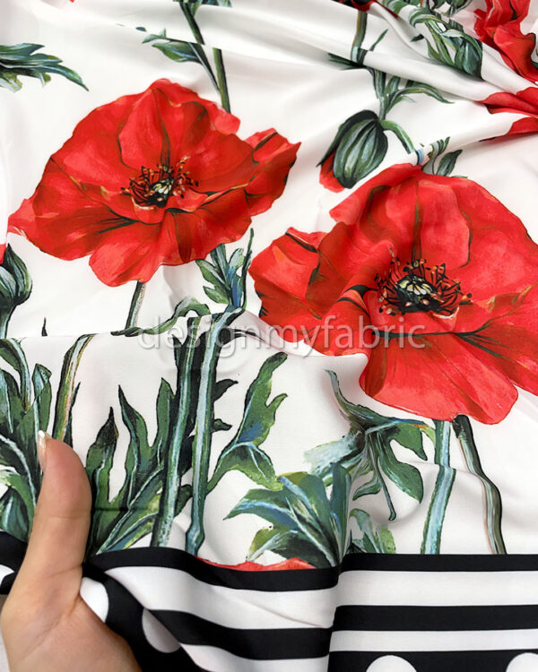 Red flowers white satin fabric #200302 - Image 3