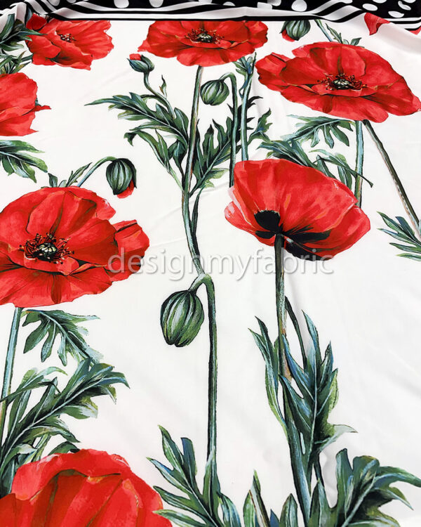 Red flowers white satin fabric #200302 - Image 5