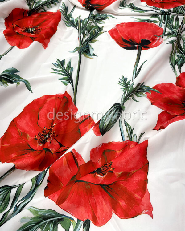 Red flowers white satin fabric #200302 - Image 6