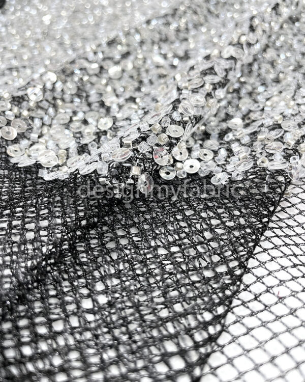 Silver sequined black lace fabric #200326 - Image 6