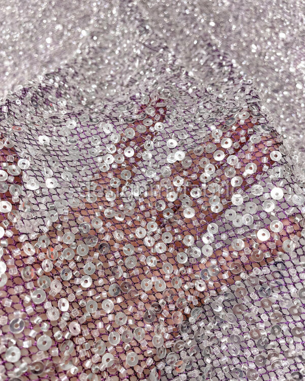 Silver sequined purple lace fabric #200327 - Image 3