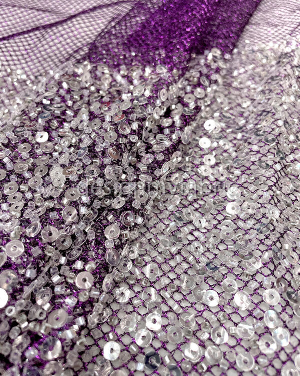 Silver sequined purple lace fabric #200327 - Image 5