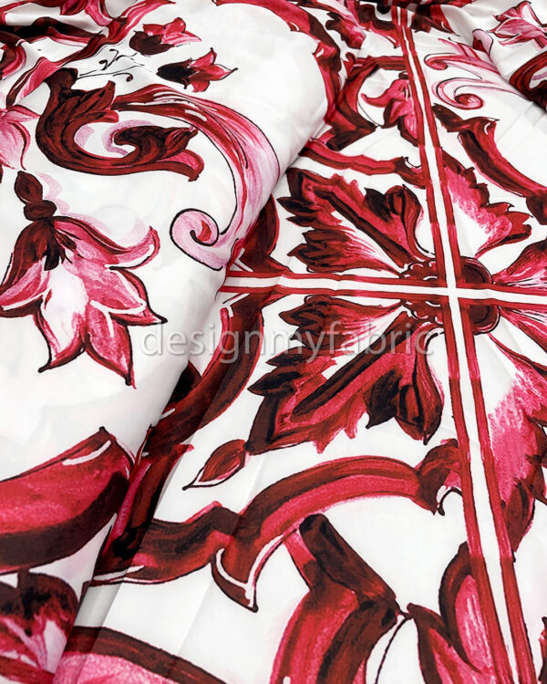 Red and white majolica satin fabric #200297