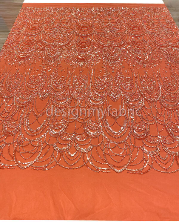 Orange sequined lace fabric with beads #200359 - Image 8