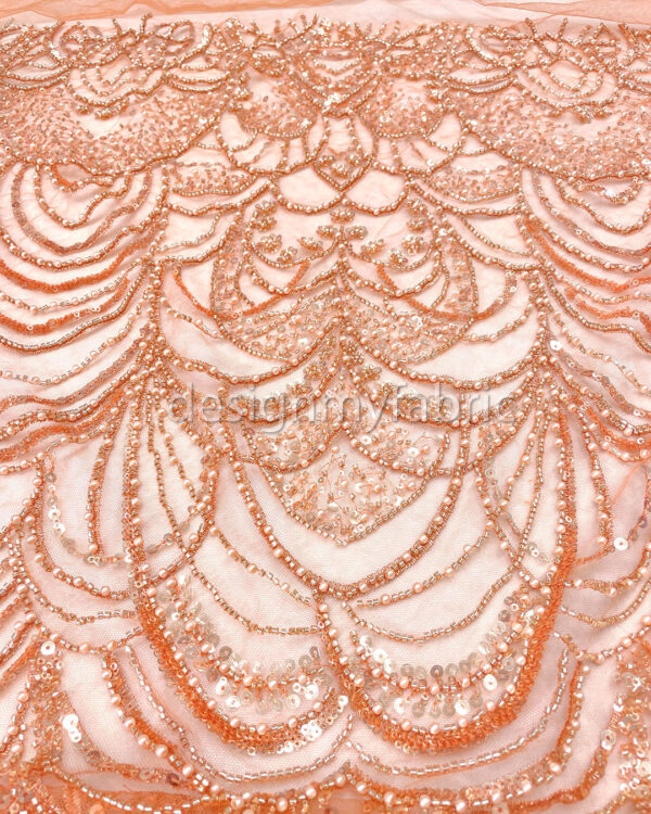 Orange sequined lace fabric with beads #200359 - Image 2