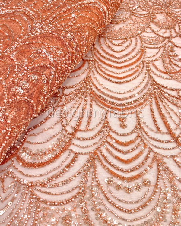 Orange sequined lace fabric with beads #200359