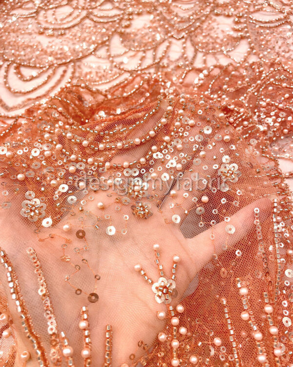 Orange sequined lace fabric with beads #200359 - Image 6