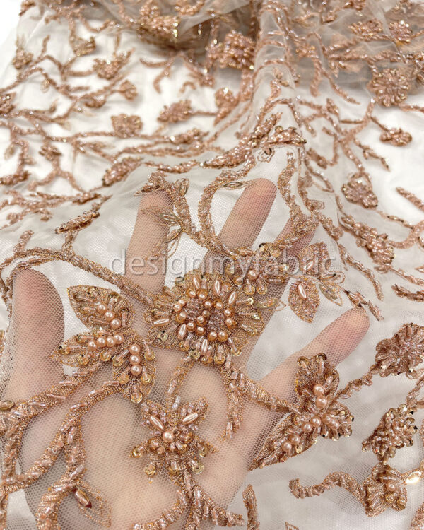 Orange sequined white lace fabric with beads #20461 - Image 3