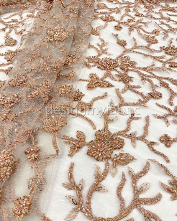 Orange sequined white lace fabric with beads #20461